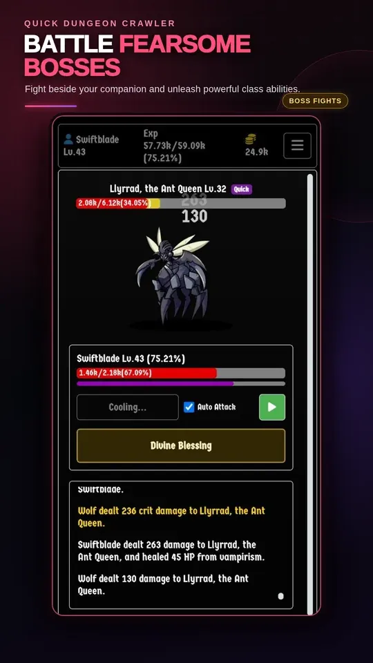 Boss combat against the Ant Queen with a companion and class ability